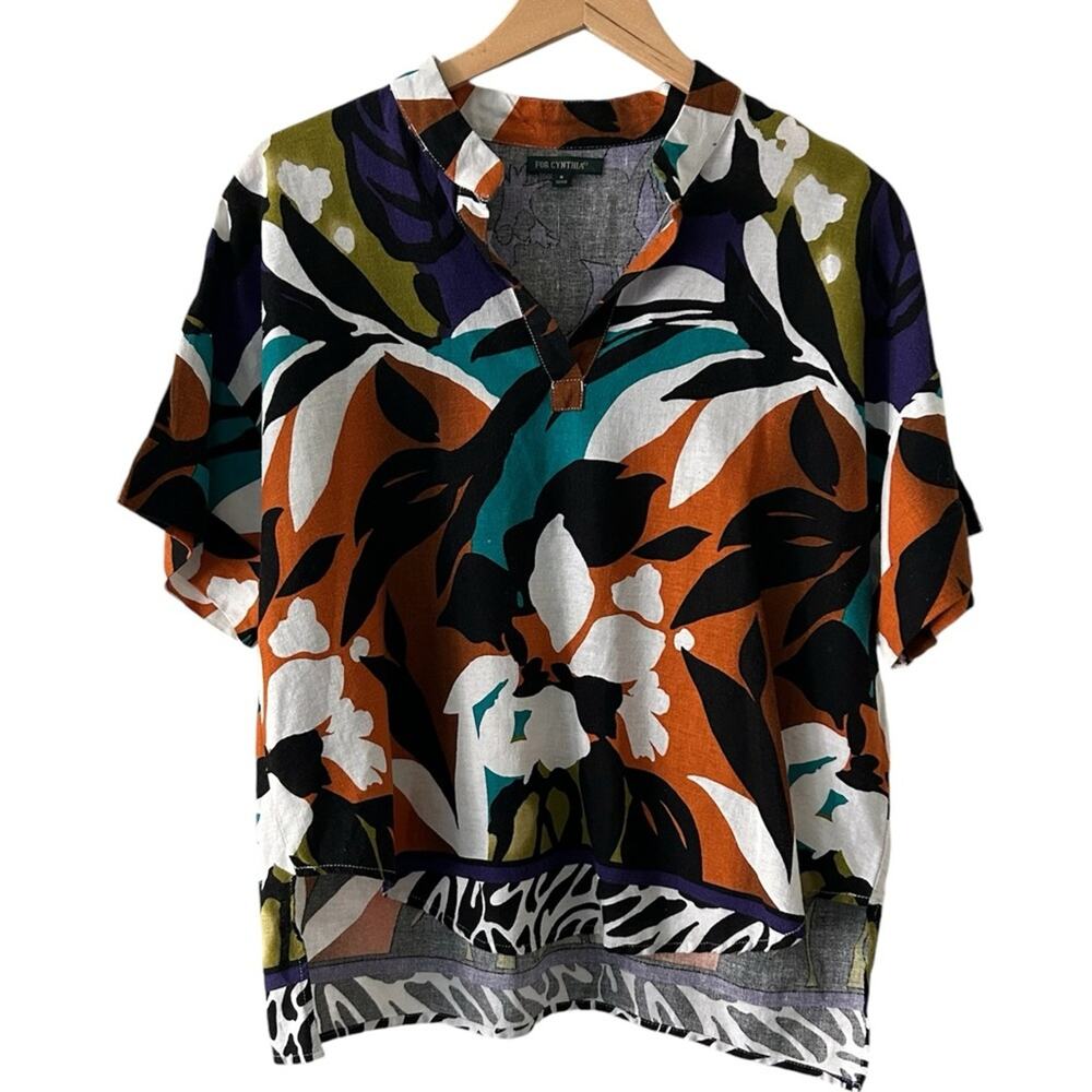 For Cynthia linen blend colorful top womens size small